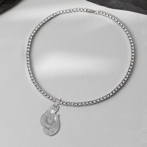 Hip Hop Iced Out Boxhandschuh Anhänger Halskette Mit Tennis Kette Versilbert Legierung Strass Halskette Für Herren Damen Schmuck