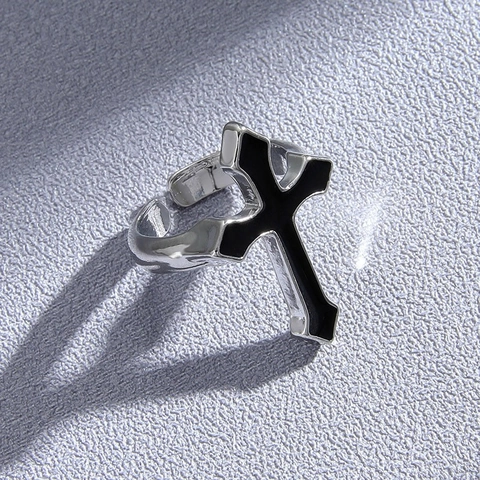 Vintage Gothic Cross Open Ring For Men Women Black Enamel Alloy Adjustable Finger Ring Punk Hip Hop Fashion Jewelry
