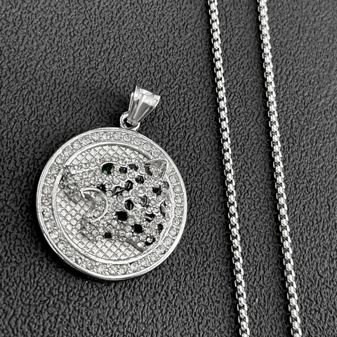 Hip Hop Silver Color Alloy Leopard Head Round Pendant Necklace For Men Women Hip Hop Inlaid Rhinestone Animal Jewelry Necklaces