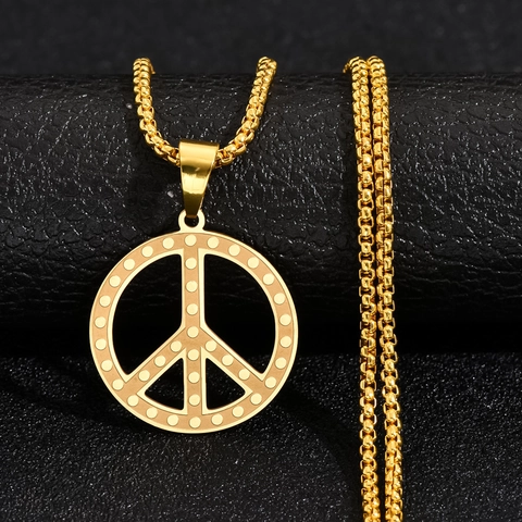 Collar Con Colgante De Símbolo De Paz De Acero Inoxidable Hip Hop Para Hombres Mujeres Retro Redondo Hueco Estilo Punk Joyería
