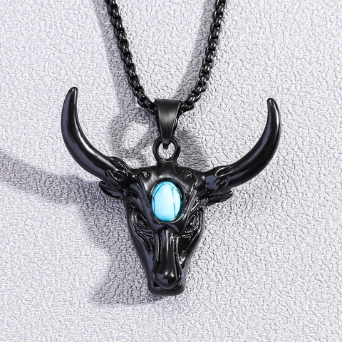 Vintage Stierkopf Halskette Herren Damen Retro Punk Legierung Skelett Türkis Eingelegt Anhänger Box Kette Schmuck Geschenk