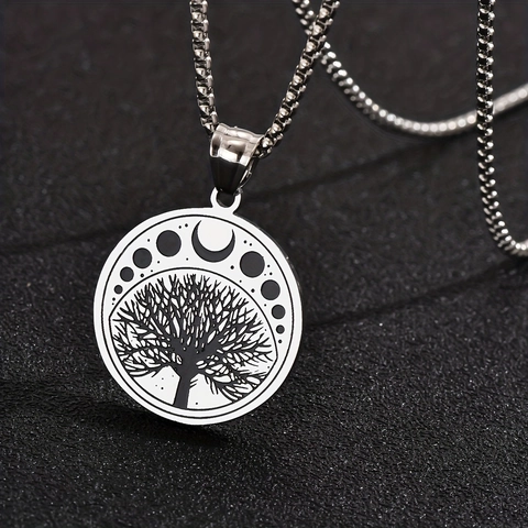 Collier Pendentif Arbre de Vie Rond en Acier Inoxydable Phase de Lune Symbole Yin Yang Bijoux Mode Cadeau Pour Hommes Femmes