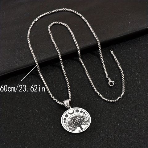 Collier Pendentif Arbre de Vie Rond en Acier Inoxydable Phase de Lune Symbole Yin Yang Bijoux Mode Cadeau Pour Hommes Femmes