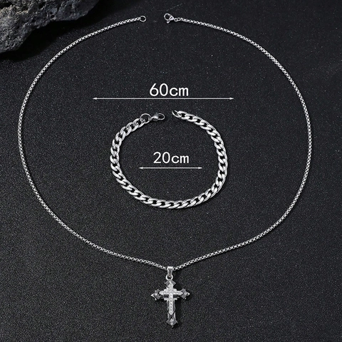 Hip Hop Alloy Rhinestone Cross Pendant Necklace Cuban Bracelet Set For Men Women Street Fashion Jewelry Jewelry Set