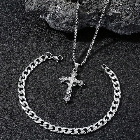 Hip Hop Alloy Rhinestone Cross Pendant Necklace Cuban Bracelet Set For Men Women Street Fashion Jewelry Jewelry Set