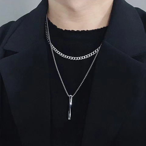 Halskette Aus Edelstahl Mit Doppellagigem Verdrehtem Stabanhänger Hip Hop Minimalistischer Unisex-Schmuck Für Herren Damen