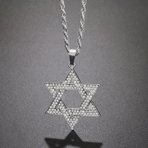 Hip Hop Star Of David Pendant Necklace Full Pave Rhinestone Alloy Hexagram Charm Rope Chain Fashion Jewelry For Men Women