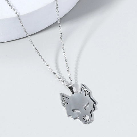 Men's Stainless Steel Hollow Wolf Head Pendant Necklace Hip Hop Punk Geometric Animal Head O-Chain Jewelry Silver Tone