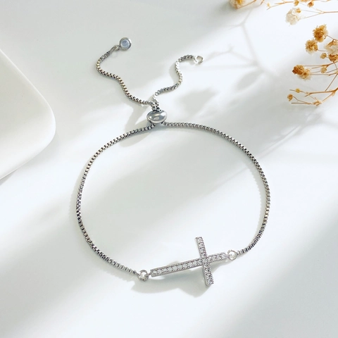 Fashion Alloy Cross Bolo Bracelet For Men Women Adjustable Rhinestone Inlaid Box Chain Hand Jewelry Minimalist Daily Gift