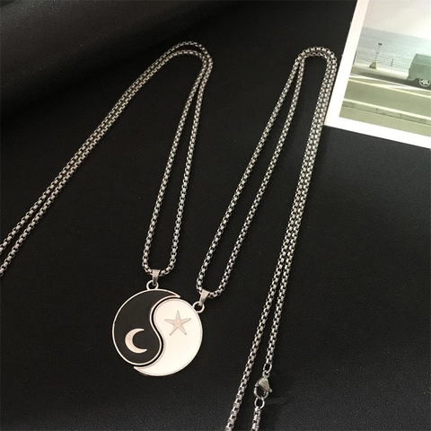 Collier Couple Acier Inoxydable Titane Pendentif Tai Chi Yin Yang Étoile Lune Émail Goutte d'Huile Bijoux Minimalistes