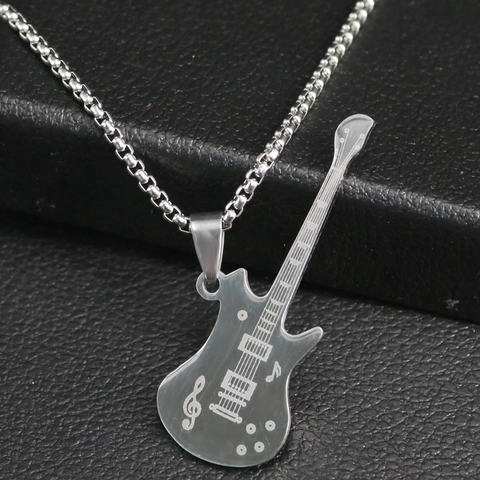 Alloy Electric Guitar Pendant Necklace For Men Hip Hop Rock Music Note Theme Rhinestone Inlaid Jewelry Silver Black Color