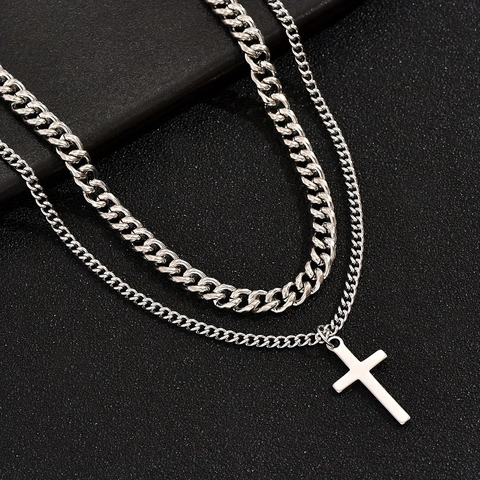 Stainless Steel Double Layer Cross Pendant Necklace Cuban Link Chain Trendy Hip Hop Streetwear Jewelry For Men Women