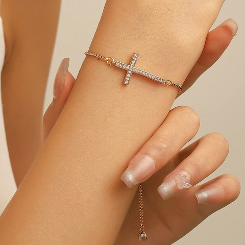 Fashion Alloy Cross Bolo Bracelet For Men Women Adjustable Rhinestone Inlaid Box Chain Hand Jewelry Minimalist Daily Gift