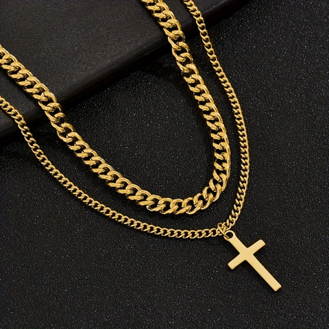 Stainless Steel Double Layer Cross Pendant Necklace Cuban Link Chain Trendy Hip Hop Streetwear Jewelry For Men Women