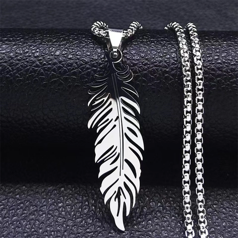 Vintage Stainless Steel Feather Pendant Necklace For Men Women Hip Hop Punk Style Polished Silver Tone Box Chain Jewelry