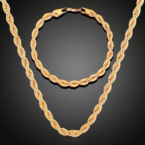 18K Vergoldet Kupfer Seilkette Schmuckset Für Damen Herren Gedrehte Halskette Und Armband Set Hip Hop Mode Accessoires
