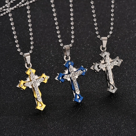 Mode Legering Strass Gelaagde Kruis Hanger Ketting Met Roestvrijstalen Ketting Voor Mannen Vrouwen Streetwear Sieraden