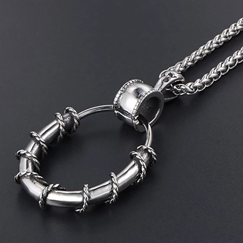 Industrial Style Alloy Twisted Rope Circle Ring Pendant Necklace Goth Punk Jewelry For Men Women Silver Tone Wheat Chain