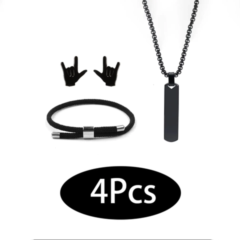 4Stück Edelstahl Schmuckset Für Damen Herren Schwarz Rechteck Anhänger Halskette Geste Ohrstecker Geflochtenes Seil Armband