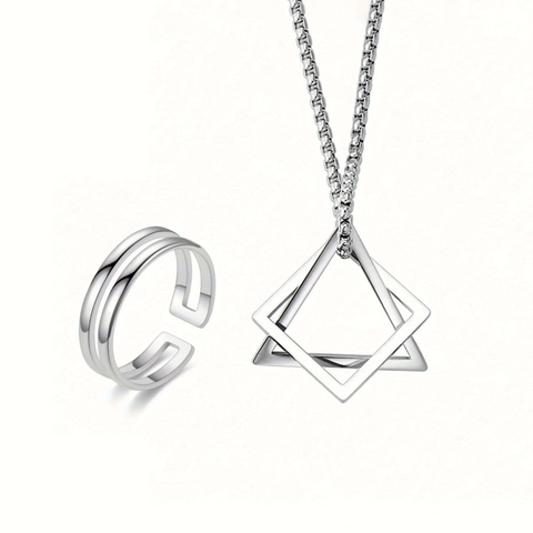 Minimalistisches Edelstahl Schmuckset Für Herren Geometrischer Hohler Dreieck Quadrat Anhänger Halskette Und Offener Ring