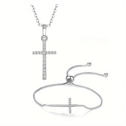 Eenvoudige Zilver Legering Kruis Hanger Halsketting En Armband Set Verstelbare Strass Religieuze Mode Sieraden Voor Unisex
