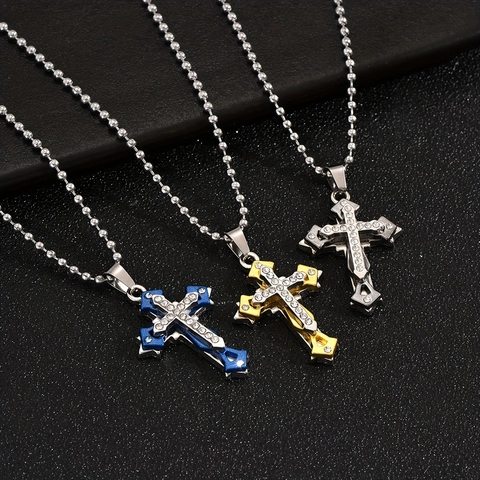 Mode Legering Strass Gelaagde Kruis Hanger Ketting Met Roestvrijstalen Ketting Voor Mannen Vrouwen Streetwear Sieraden