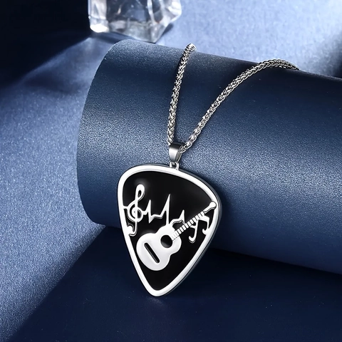 Stainless Steel Guitar Pick Pendant Necklace Music Note Heartbeat Rhythm Pattern Polished Music Themed Jewelry For Men Women