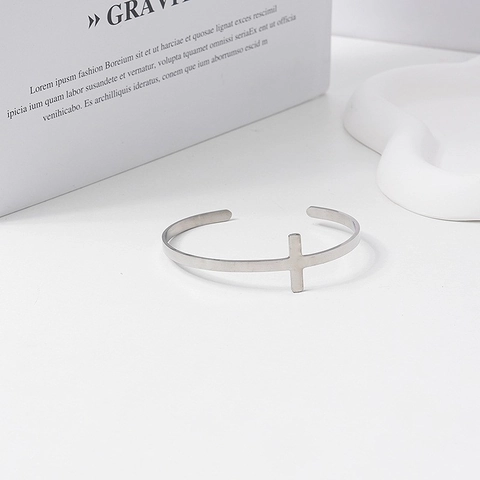 Brazalete Abierto de Cruz de Acero Inoxidable Minimalista para Mujeres Hombres Ajustable Simple Moda Joyería Cristiana Regalo Brazalete