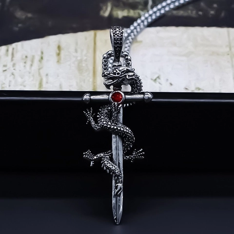 Vintage Gothic Dragon Coiled Sword Cross Pendant Necklace For Men Women Alloy Red Rhinestone Inlay Punk Jewelry Gift