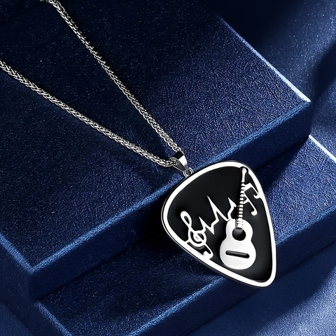 Stainless Steel Guitar Pick Pendant Necklace Music Note Heartbeat Rhythm Pattern Polished Music Themed Jewelry For Men Women