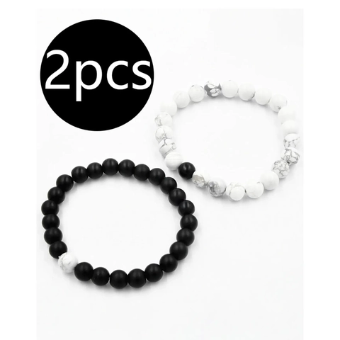 Handmade Beaded Bracelets For Couples Matte Black White Marbled Texture Elastic Resin Beads Natural Style Jewelry Gift