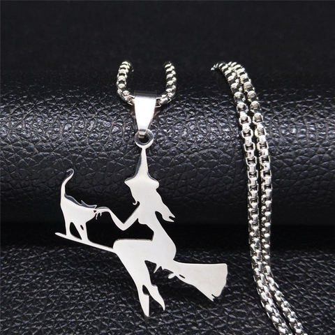 Edelstahl Hexe Auf Besenstiel Mit Katze Silhouette Anhänger Halskette Für Halloween Fantasie Unisex Schmuck Geschenk