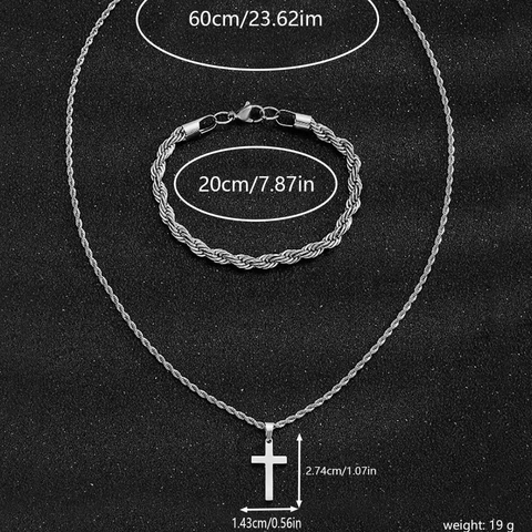 Conjunto de Joyas Hip Hop para Hombre de Acero Inoxidable con Cadena de Cuerda y Colgante de Cruz Collar y Pulsera Punk