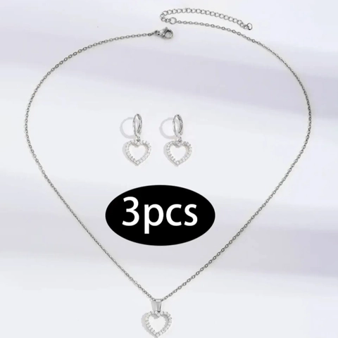Elegant Alloy Hollow Heart Necklace And Earrings Set Rhinestone Inlaid Silver Color Heart Shaped Jewelry Set For Women