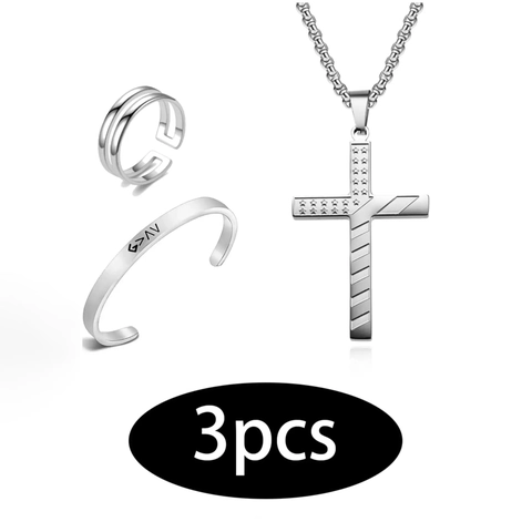 Herren Minimalistisch Edelstahl Schmuckset Amerikanische Flagge Kreuz Halskette Graviert Armreif Verstellbarer Ring 3er Set Silber