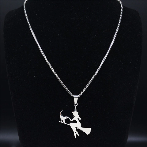 Edelstahl Hexe Auf Besenstiel Mit Katze Silhouette Anhänger Halskette Für Halloween Fantasie Unisex Schmuck Geschenk