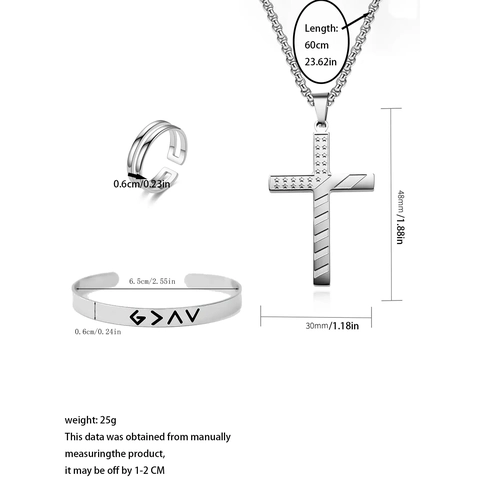 Herren Minimalistisch Edelstahl Schmuckset Amerikanische Flagge Kreuz Halskette Graviert Armreif Verstellbarer Ring 3er Set Silber