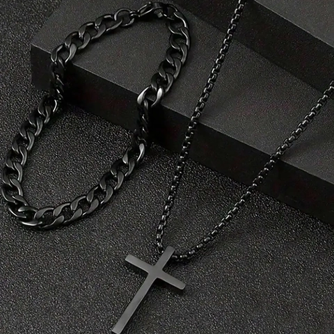 Collana con Pendente a Croce e Bracciale in Lega per Uomo Donna Catena a Maglia Cubana Galvanizzata Collane Minimaliste