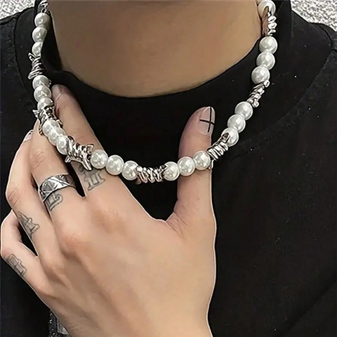 Collana Spinosa in Lega Punk con Perle Artificiali per Uomo Donna Streetwear Collana a Catena a Filo Spinato Argento Gioielli