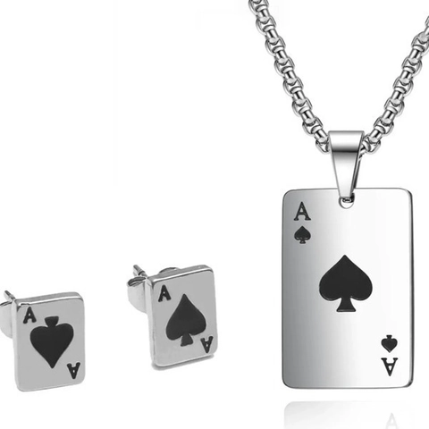 Gioielli in Acciaio al Titanio Asso di Picche Carta da Poker Collana con Ciondolo e Orecchini per Uomo Donna Argento Nero