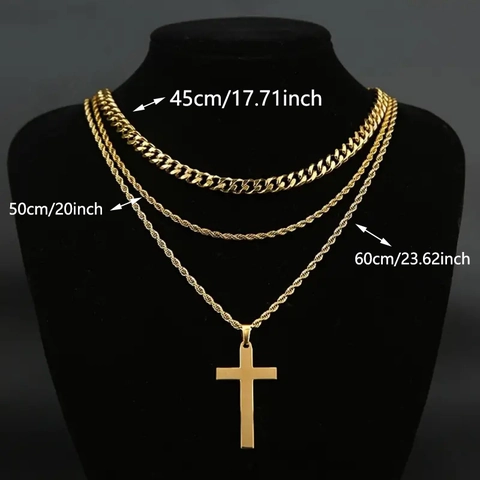Stainless Steel Multi-Layer Cross Pendant Necklace Set For Men Women Hip Hop Curb Chain Rope Chain Jewelry Gift