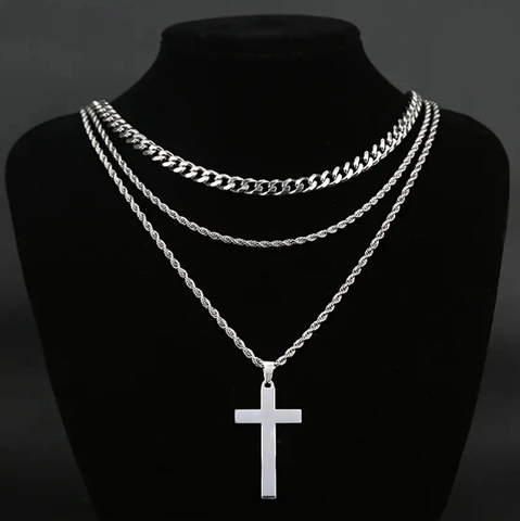 Stainless Steel Multi-Layer Cross Pendant Necklace Set For Men Women Hip Hop Curb Chain Rope Chain Jewelry Gift