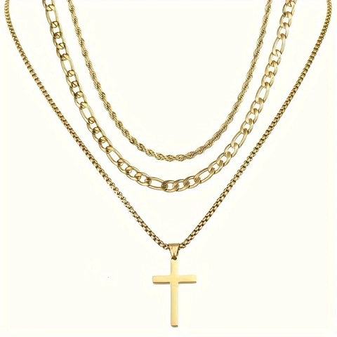 Set di Collane con Pendente a Croce in Acciaio Inossidabile Unisex Multistrato Placcato Oro Catena Cubana Gioielli di Moda