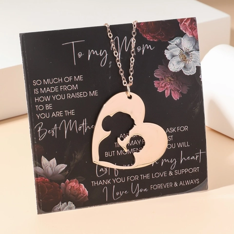 Collar De Pendiente De Corazón Hueco De Madre Abrazando A Su Hijo De Acero Inoxidable Oro Rosa Con Caja De Regalo Elegante