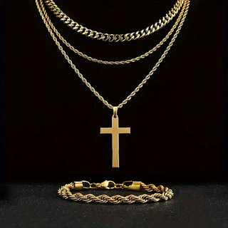 Set di Collane con Pendente a Croce in Acciaio Inossidabile Unisex Multistrato Placcato Oro Catena Cubana Gioielli di Moda