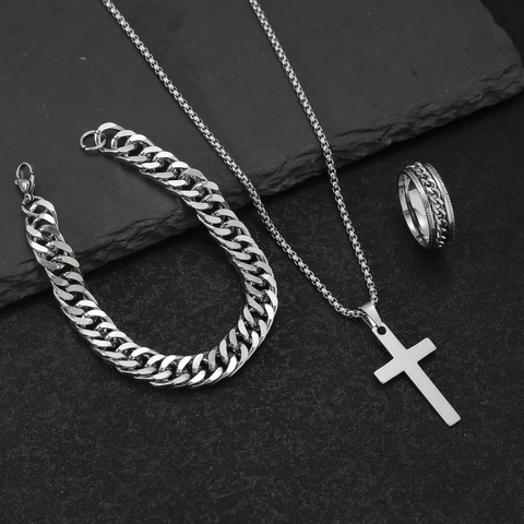 Collana con Pendente a Croce in Acciaio al Titanio da Uomo Bracciale a Maglia Cubana Anello Rotante Testurizzato Argento Gioielli
