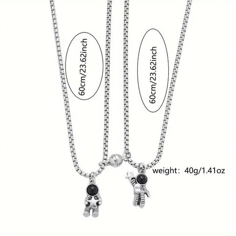 Koppel Astronaut Magneet Aantrekkingskracht Ketting Set Zilver Titanium Staal Hart Hanger Spaceman Kettingen Sieraden