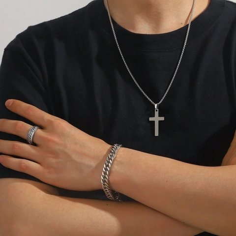 Collana con Pendente a Croce in Acciaio al Titanio da Uomo Bracciale a Maglia Cubana Anello Rotante Testurizzato Argento Gioielli