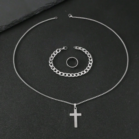 Herren Titanstahl Schmuckset Silber Kreuz Anhänger Halskette Panzerkette Armband Römische Zahlen Ring Hip Hop Accessoire