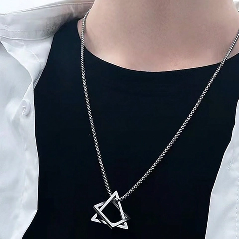 Minimalist Stainless Steel Interlocking Geometric Triangle Square Pendant Necklace For Men Women Retro Unisex Sweater Chain Jewelry